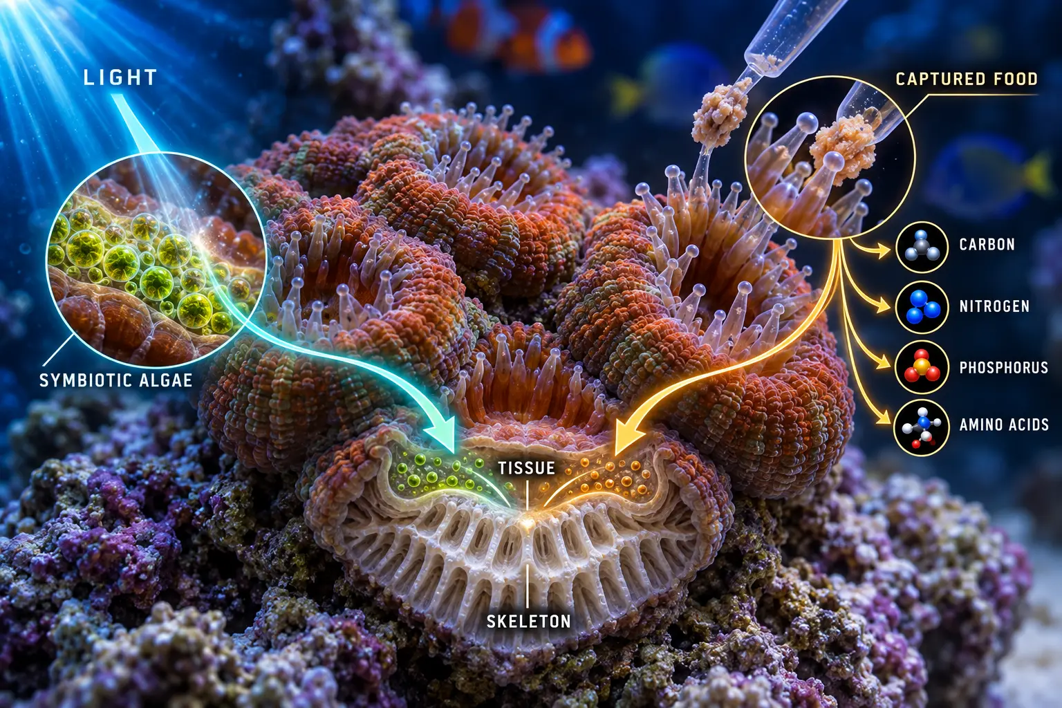 Acan coral nutrition diagram showing light and symbiotic algae alongside captured food supplying carbon, nitrogen, phosphorus and amino acids to tissue and skeleton