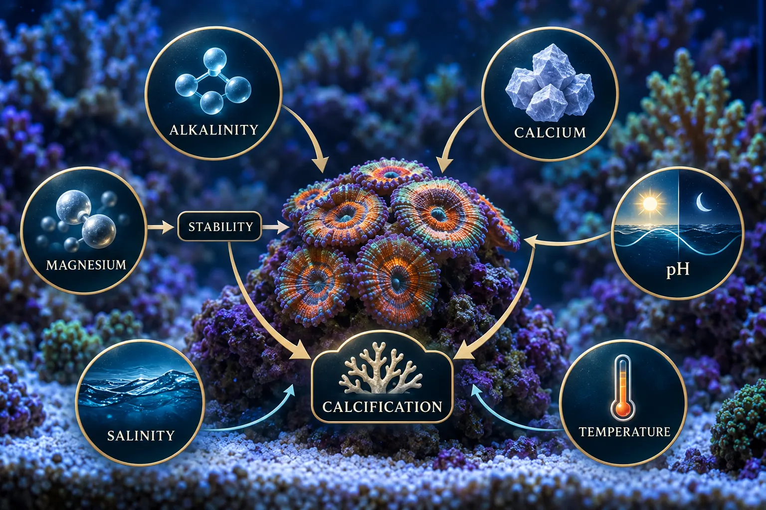 Educational reef diagram connecting alkalinity, calcium, magnesium, pH, salinity and temperature with acan coral calcification and water stability