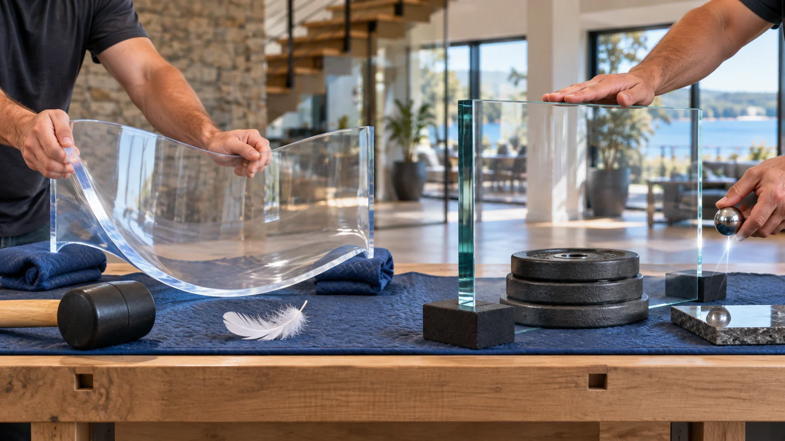 Workbench comparison showing a flexible lightweight acrylic sample beside a stiffer glass sample