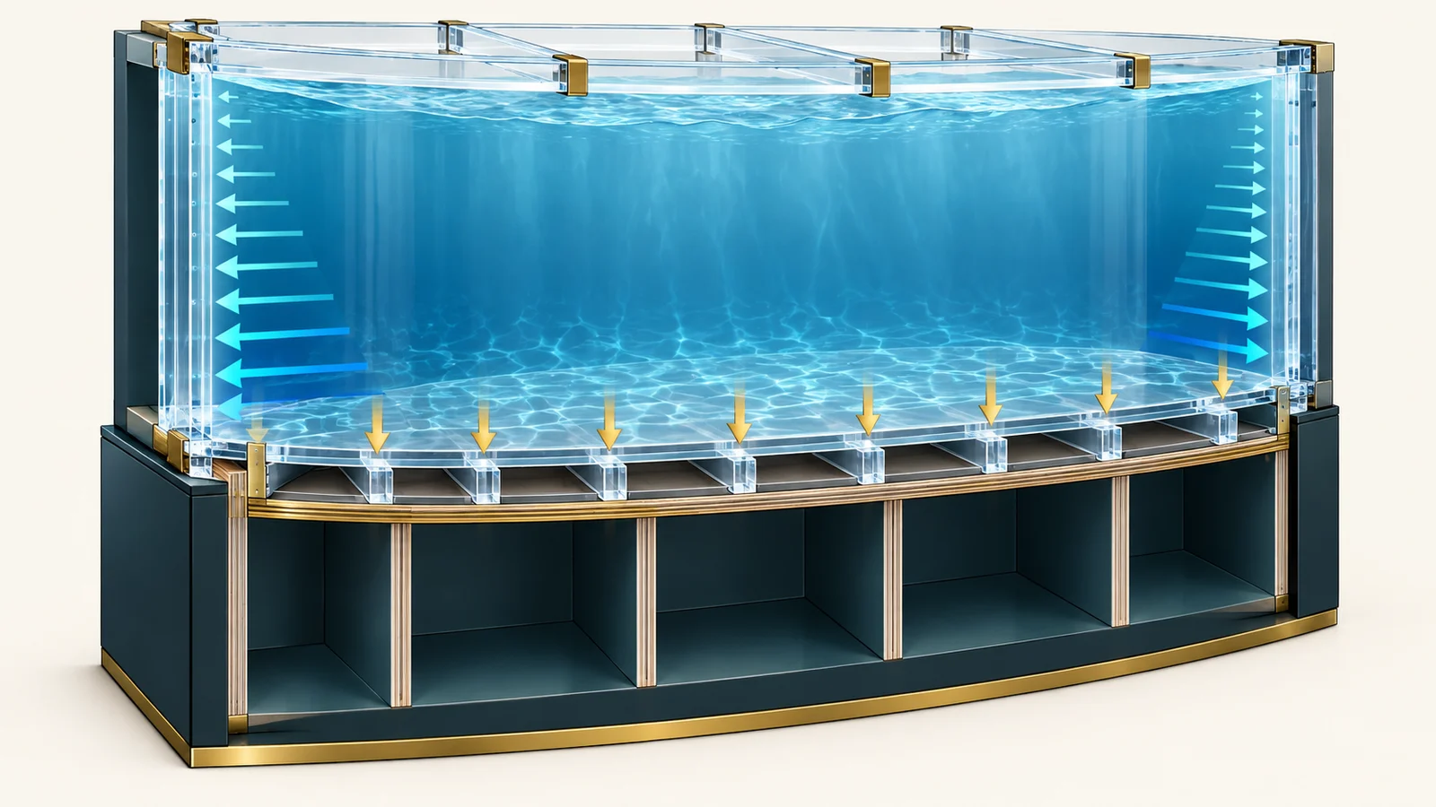 Cutaway acrylic aquarium showing full bottom support, top bracing and water pressure across the panels