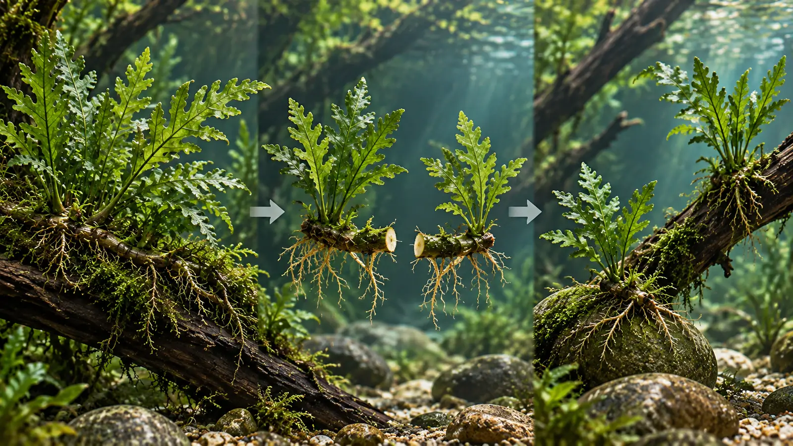 Three-stage educational diagram showing a mature African water fern rhizome, a clean division point and two sections attached to separate stones