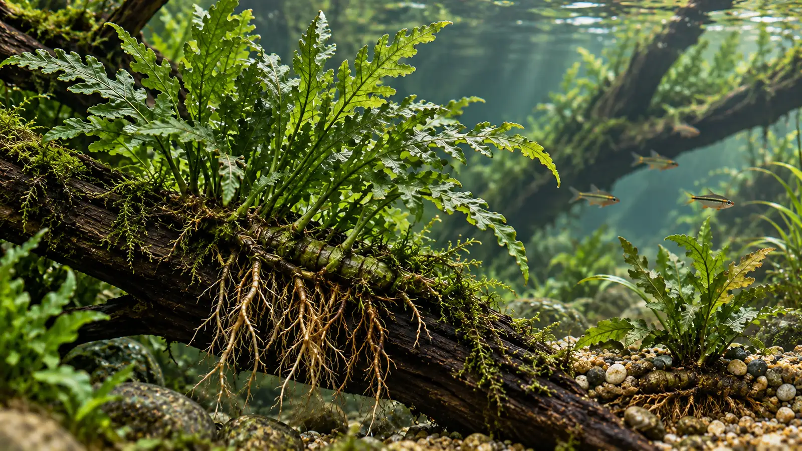 Educational close-up showing an exposed African water fern rhizome tied to wood, with roots below and fronds above