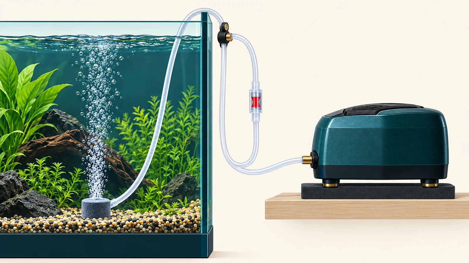 Air pump above aquarium water level on a damping pad with airline and check valve