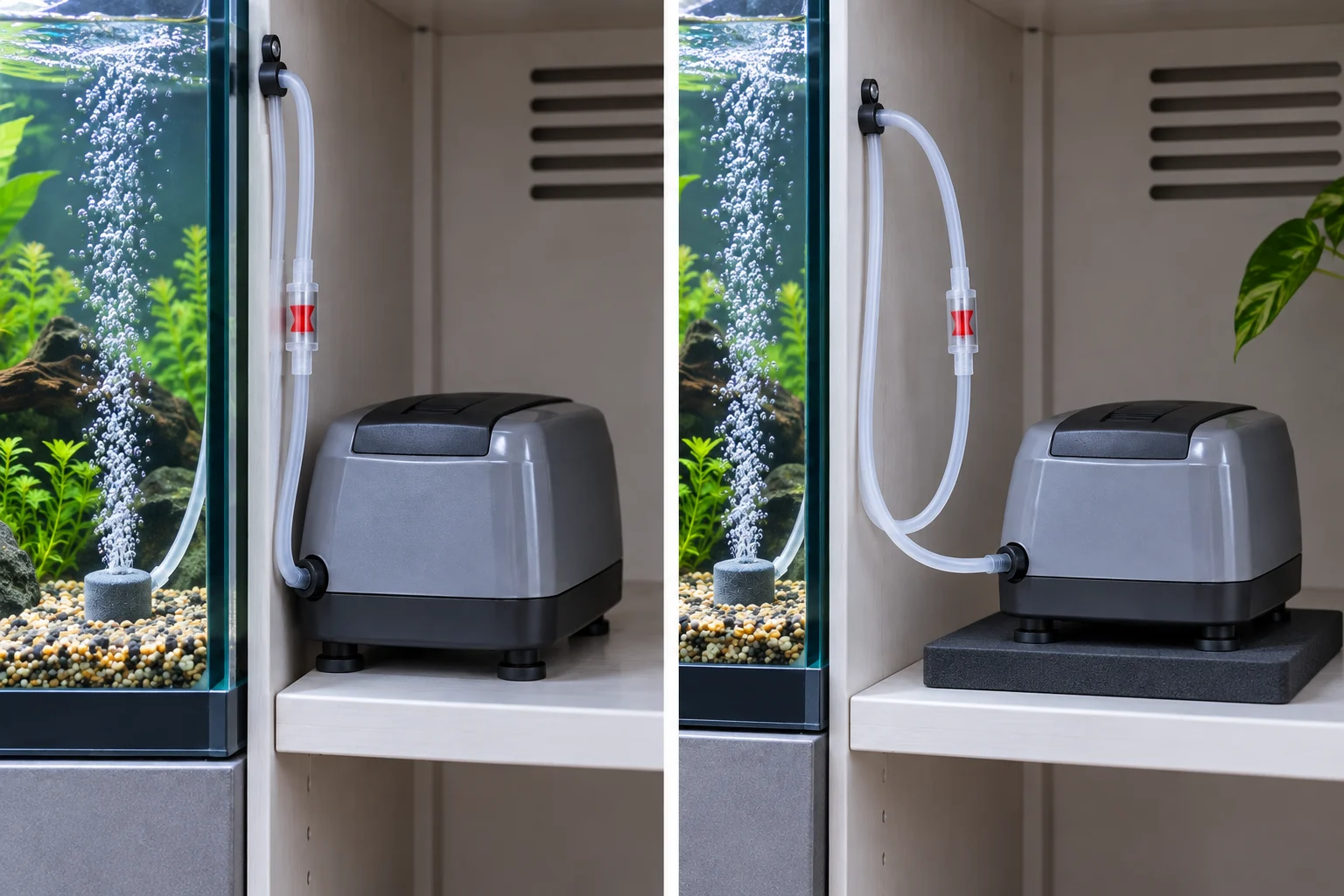 Air pump touching a cabinet wall compared with the same pump isolated on a dense vibration pad