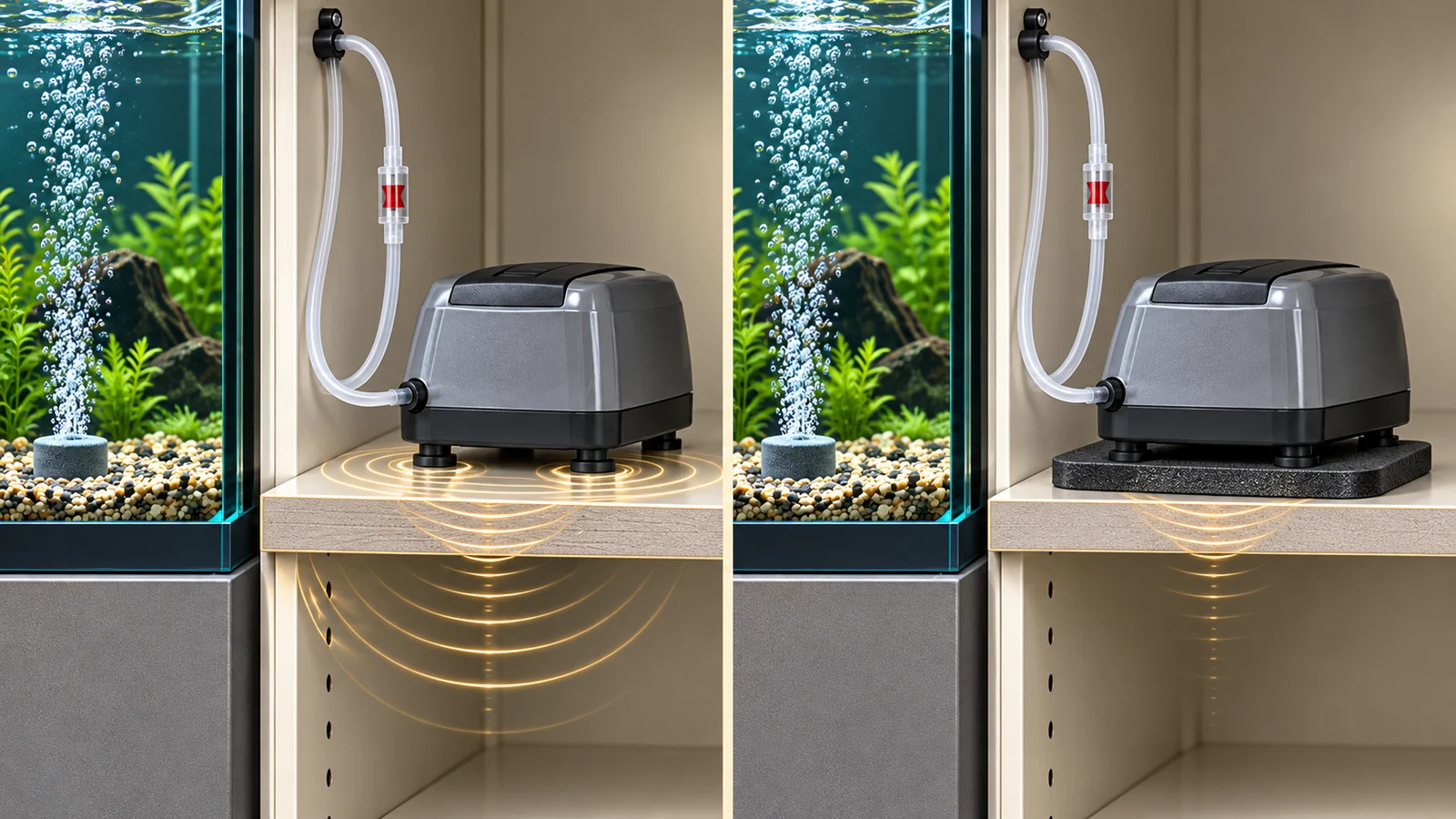 Side-by-side air pumps showing vibration spreading through a hard shelf and reduced movement on an isolation pad