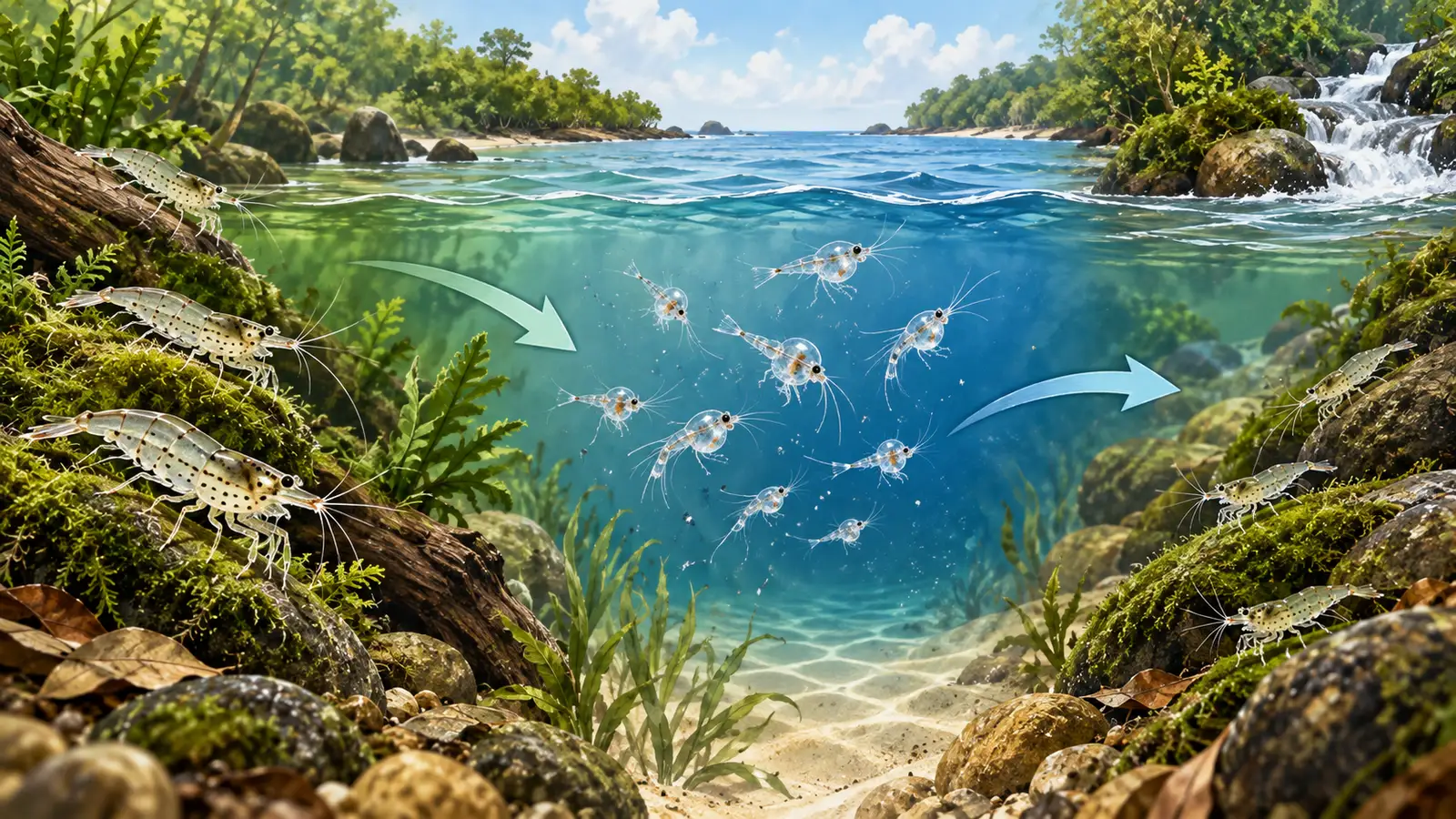 Educational lifecycle diagram showing adult Amano shrimp in freshwater, drifting larvae in saline water and juveniles returning upstream