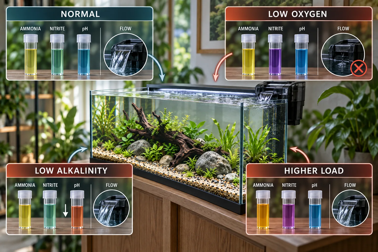 Aquarium cycle diagnostic diagram comparing normal progression with low oxygen, low alkalinity and a higher waste load using ammonia, nitrite, pH and flow clues