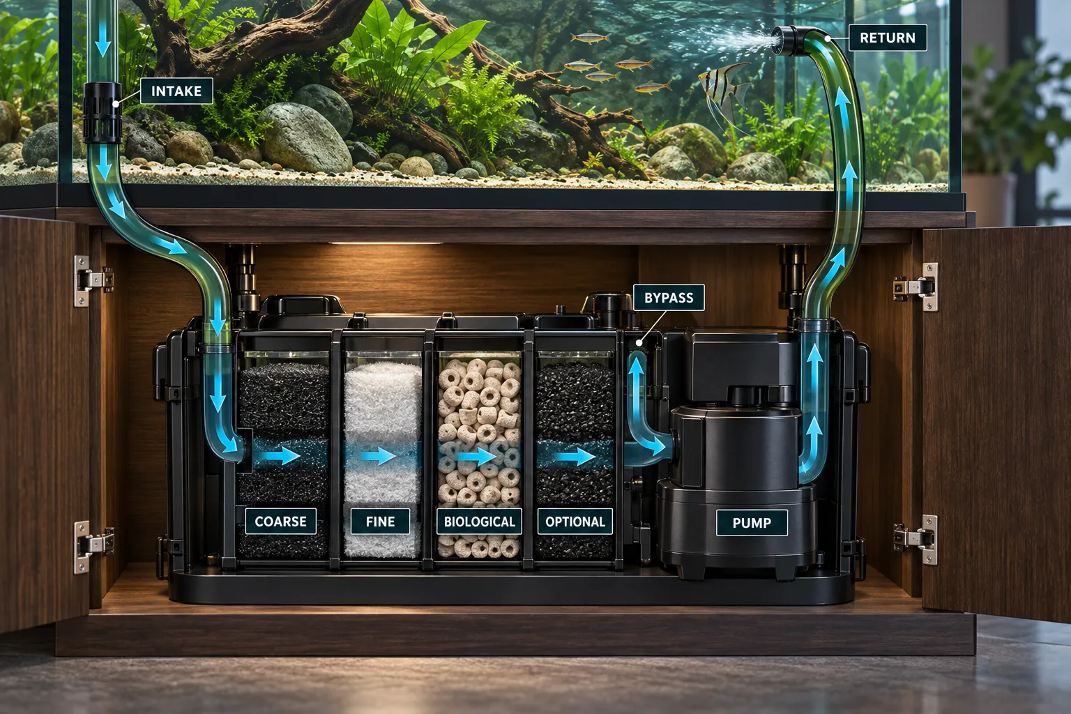 Cutaway aquarium filtration diagram showing intake, coarse and fine mechanical media, biological media, optional chemical media, pump, return and a bypass gap