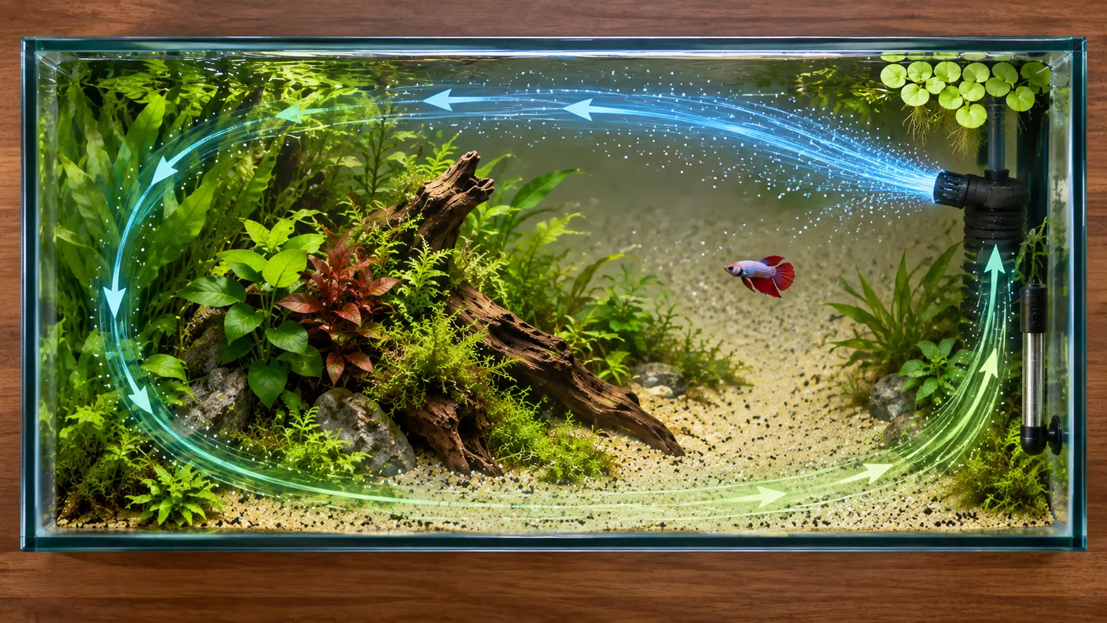 Top-down educational view of a betta aquarium showing a gentle circulation loop, baffled outlet and calm resting pocket