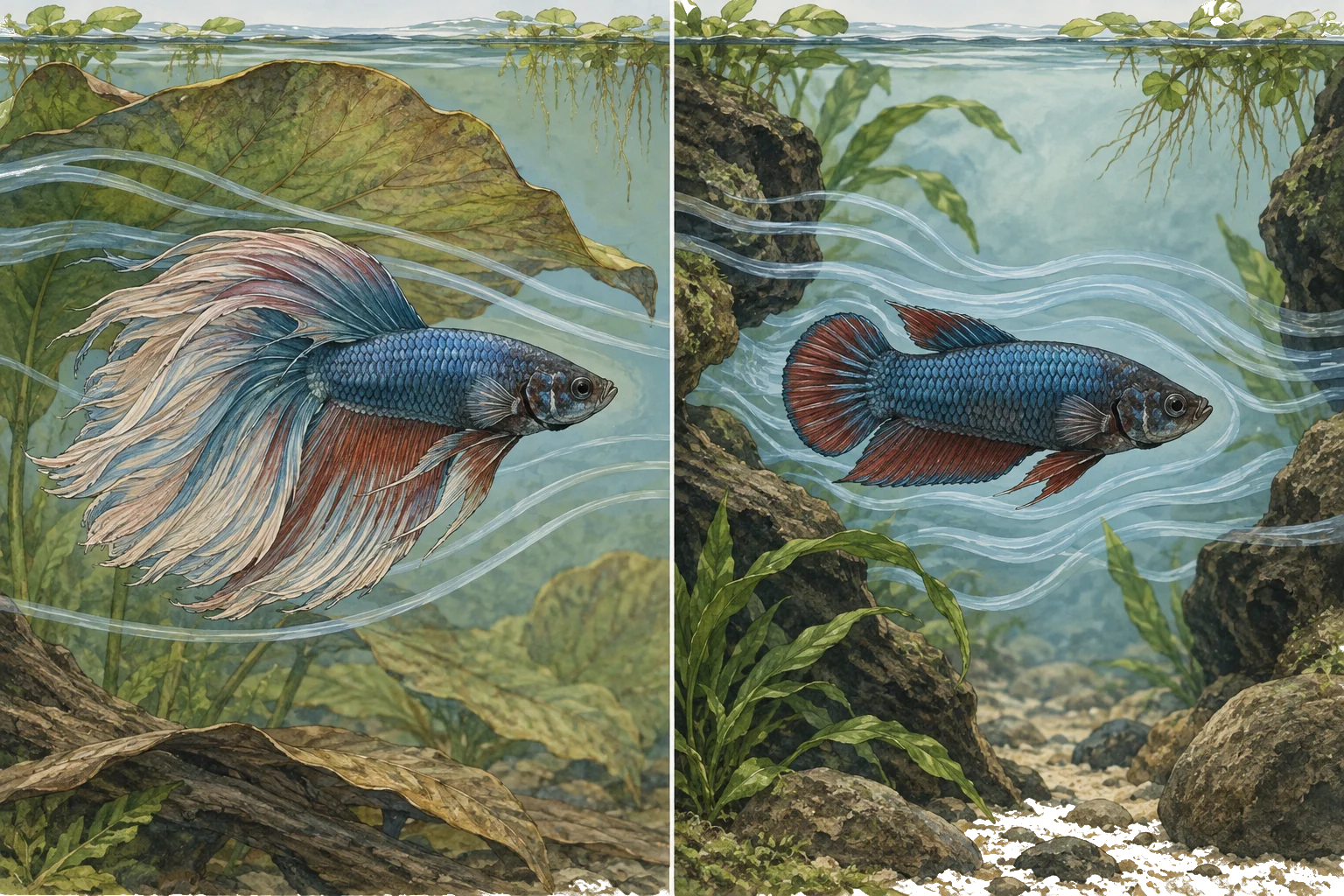 Illustrated side-by-side comparison of a long-finned and short-finned Betta splendens moving through water
