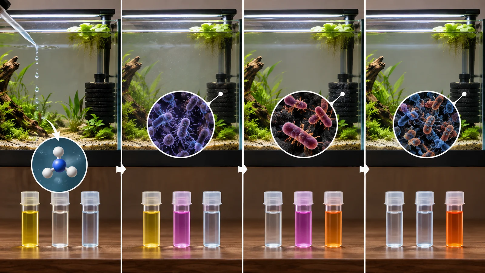 Educational sequence showing ammonia entering a new betta tank, nitrite appearing, nitrate accumulating and final zero ammonia and nitrite test results