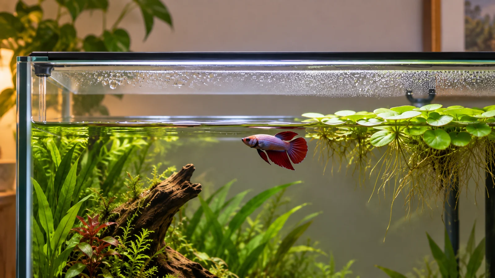 Side cutaway diagram of a lidded betta aquarium showing warm water, a humid air gap and an open route to the surface