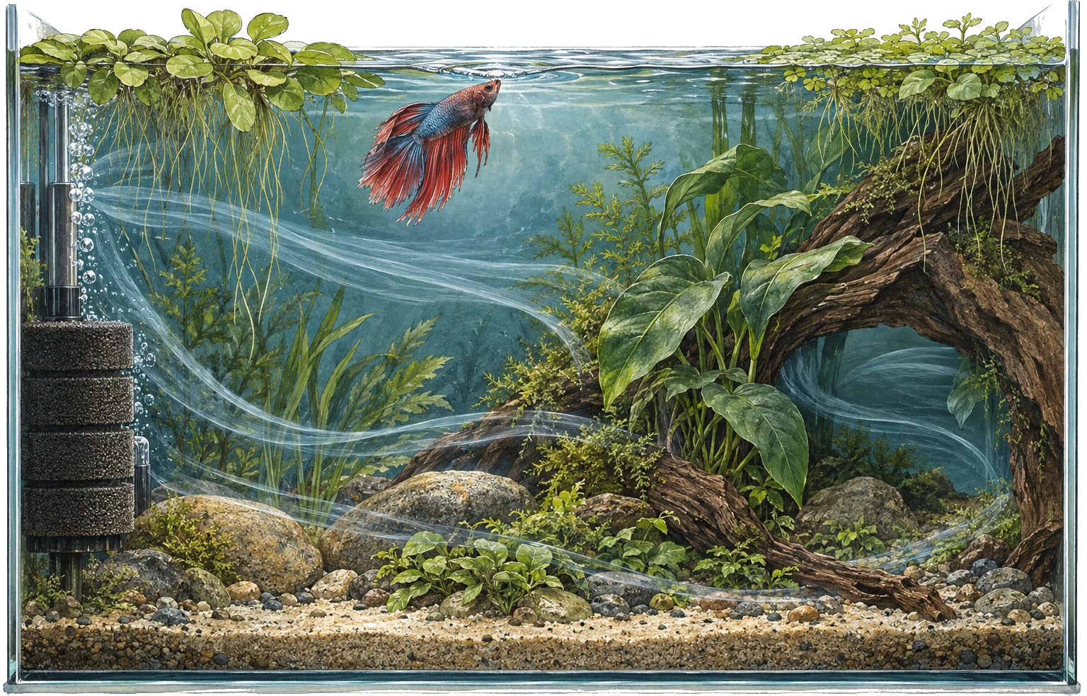 Illustrated betta aquarium with open surface access, partial floating cover, a sponge filter and a sheltered calm zone