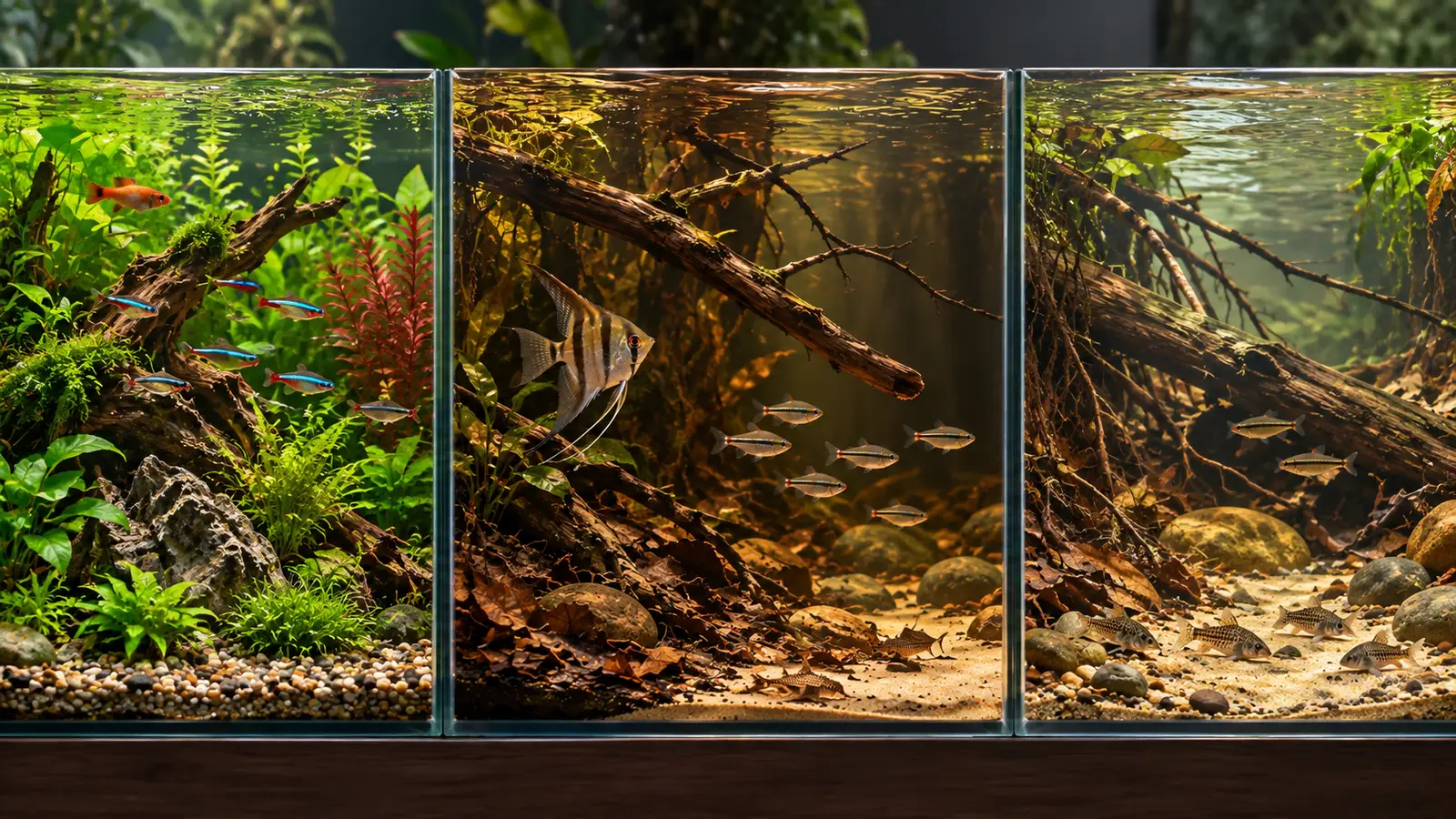 Three aquariums comparing a decorative nature theme, a biotope-inspired layout and a localized habitat reconstruction