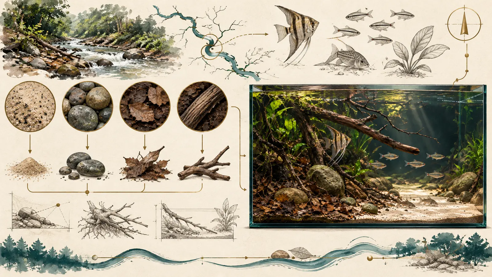 Field records, a river map and material samples leading to a finished habitat-based aquarium