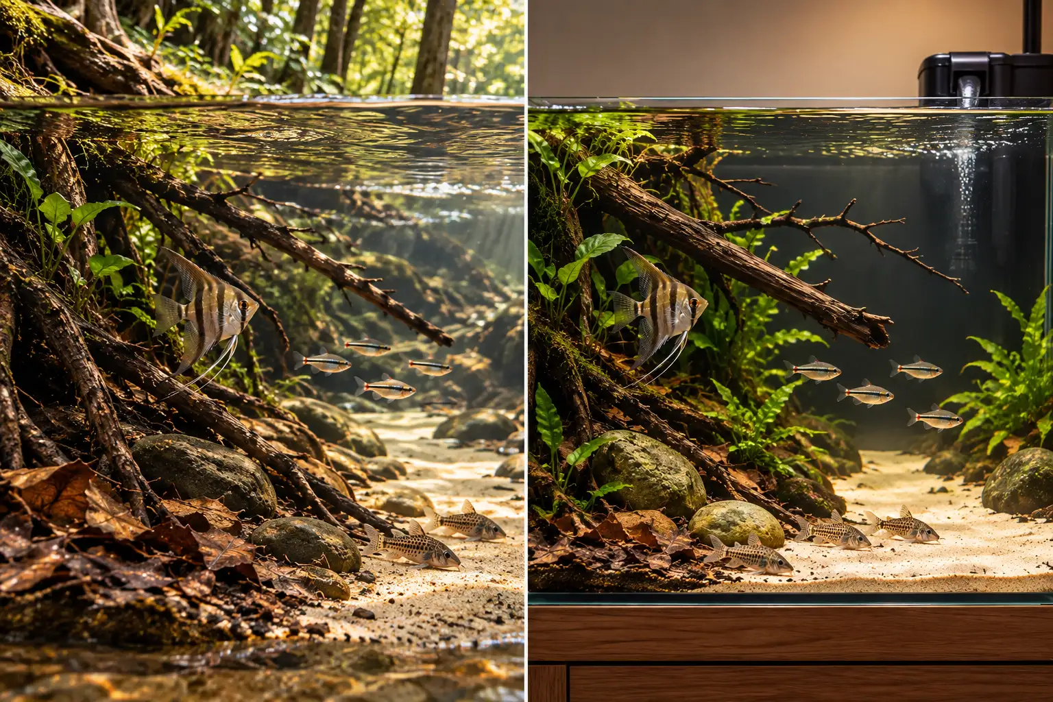 A river-margin habitat unit beside an aquarium that preserves its root cover, sand route and flow zones