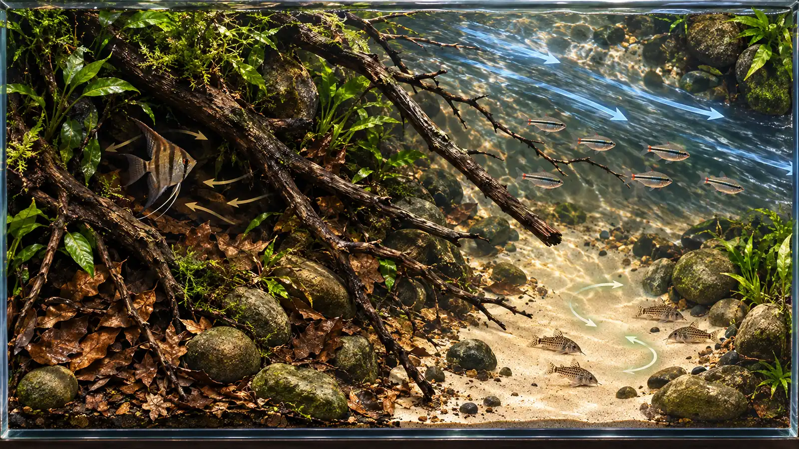Top-down river-margin aquarium showing a faster channel, quiet bank, root shade and leaf-litter refuge