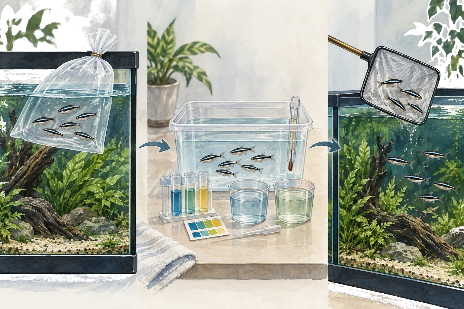 Illustrated sequence comparing transport and aquarium water before netting black neon tetras into the tank