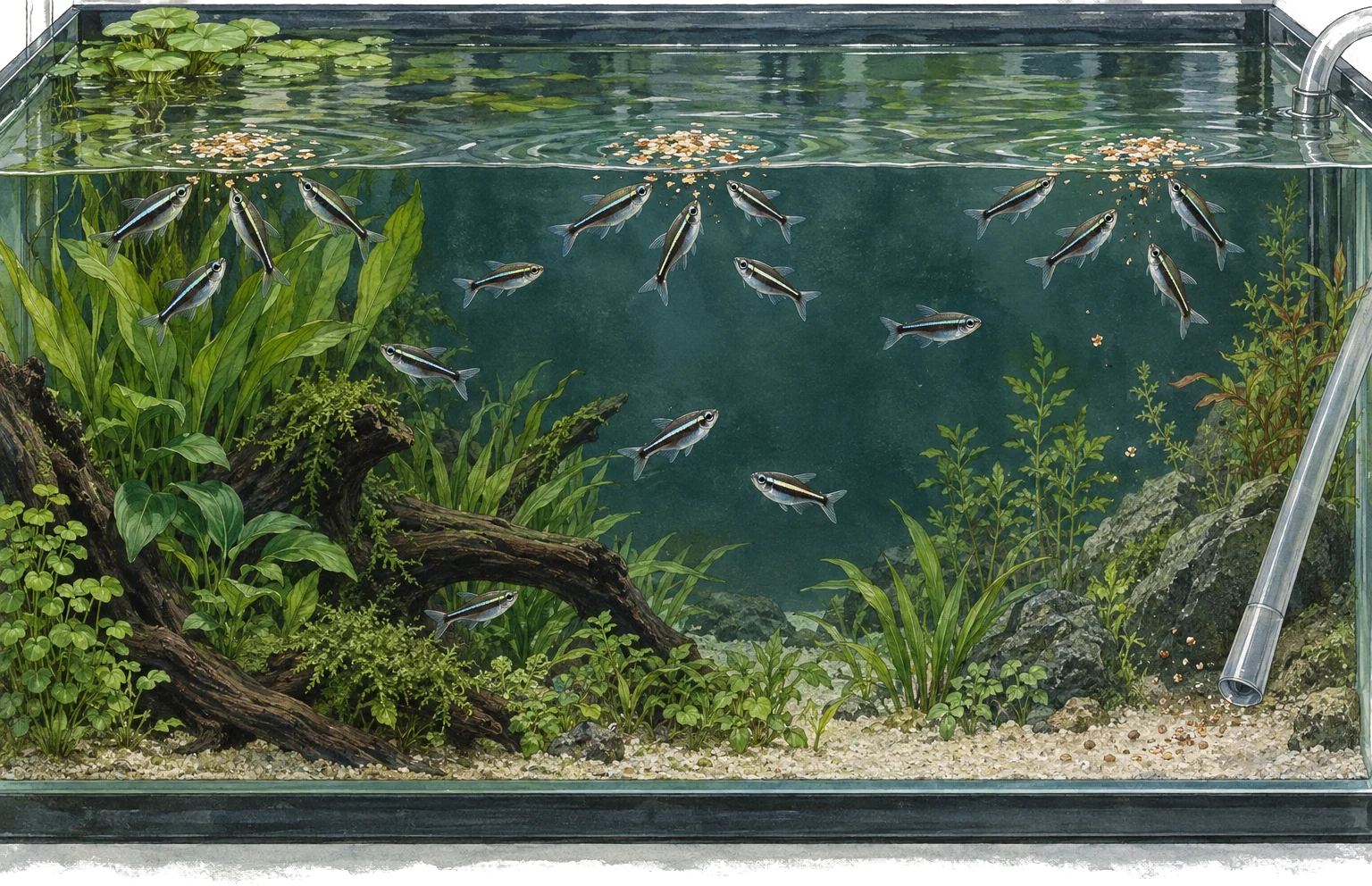 Illustrated black neon tetra shoal feeding from several separated food releases across open water