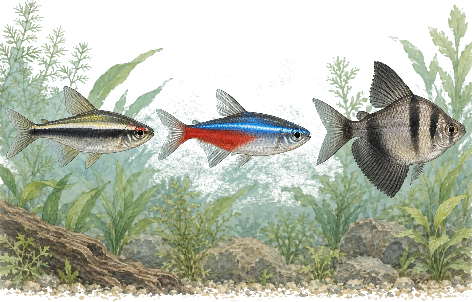 Illustrated side profiles comparing a black neon tetra, neon tetra and black skirt tetra