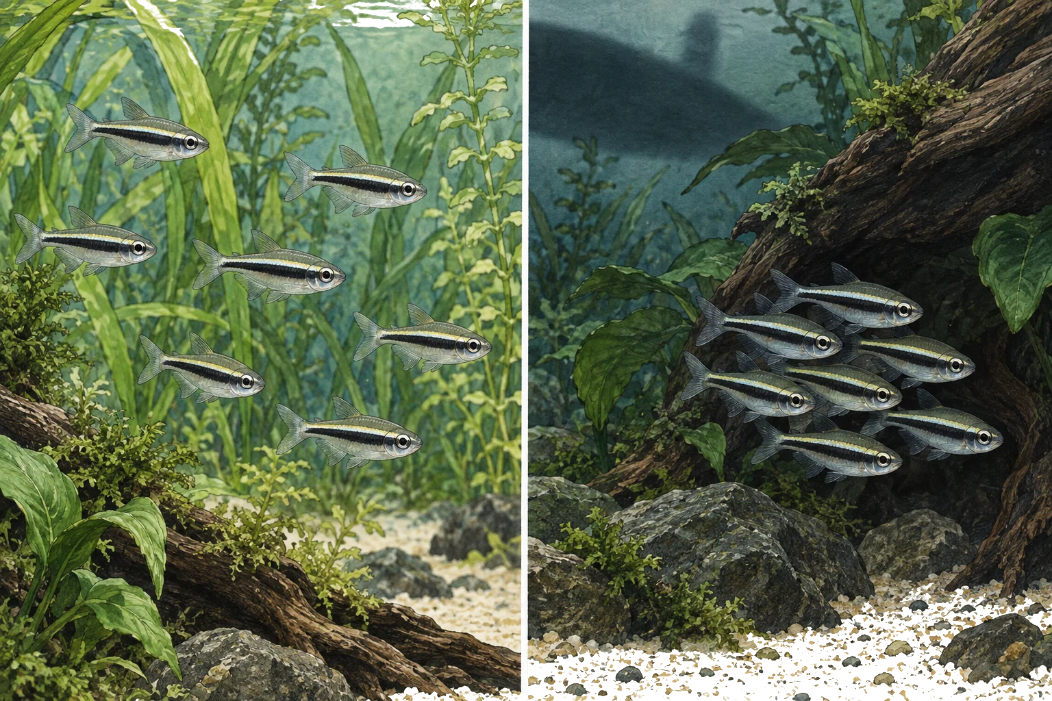 Illustrated black neon tetra shoal loosely exploring in one panel and tightly schooling near cover in another