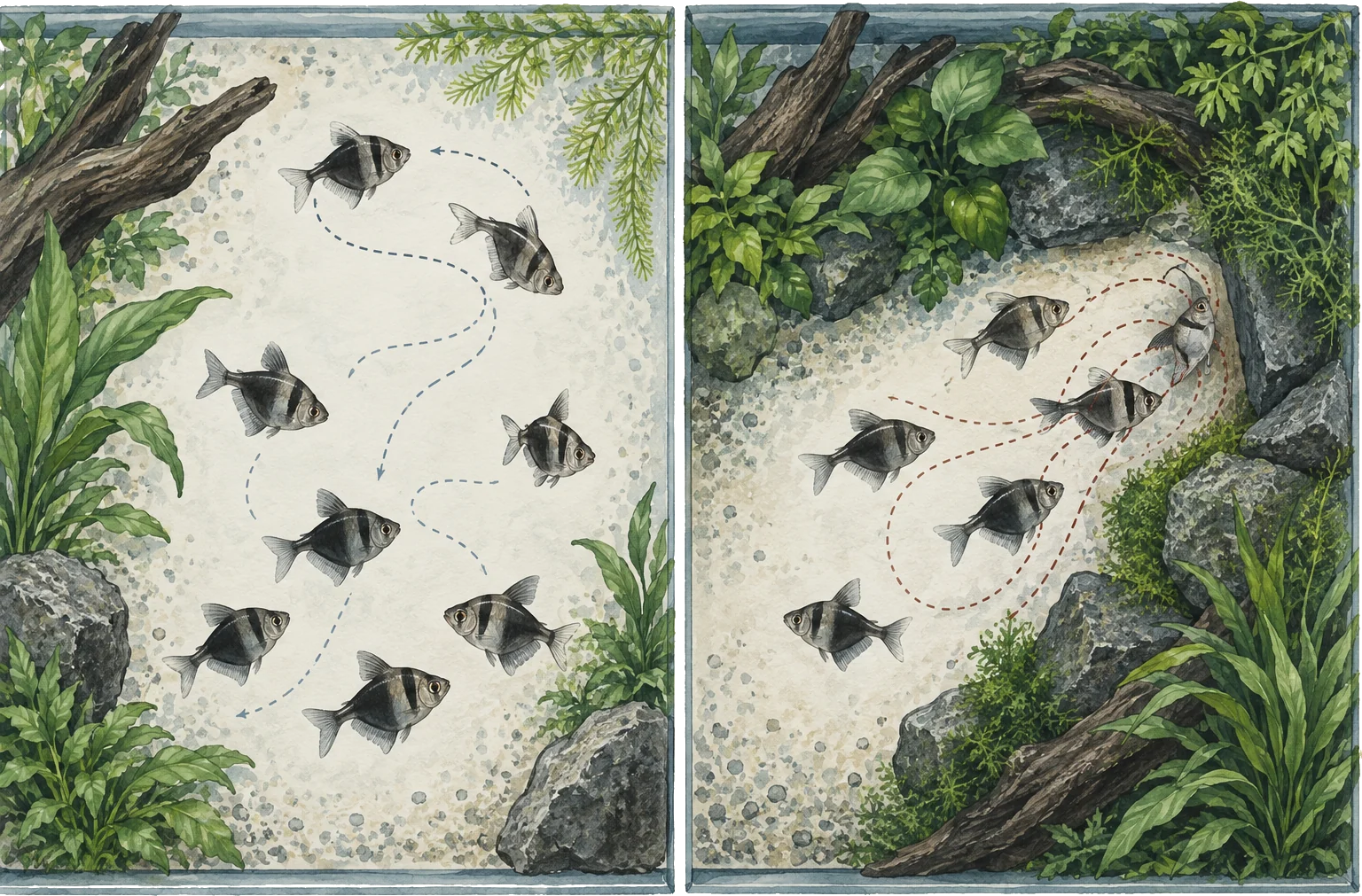 Top-down illustrated comparison of open escape routes and a black skirt tetra cornered by persistent pursuit