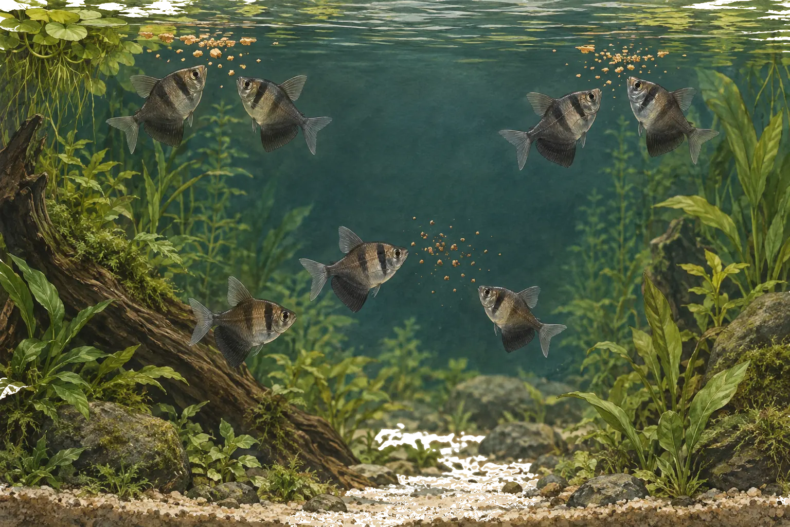 Illustrated black skirt tetra shoal reaching several separated food releases across open aquarium water