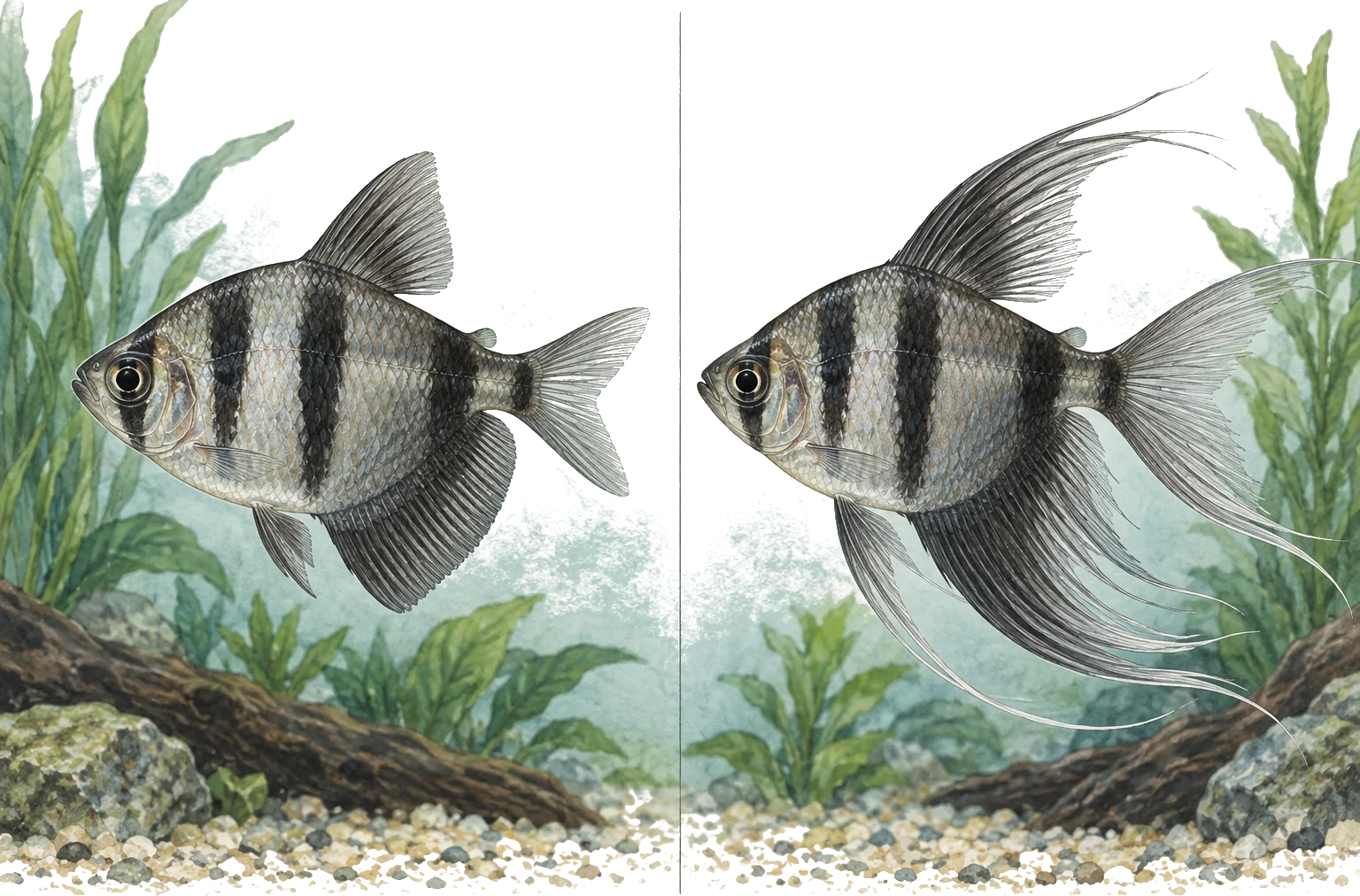 Illustrated comparison of standard-fin and long-fin black skirt tetras at the same scale