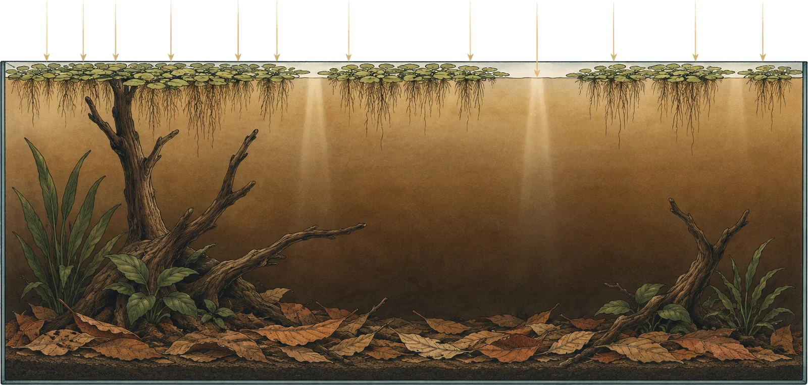 Side view cross-section of a blackwater aquarium, light rays stopped by a broken layer of floating plants, the tea-coloured water darkening with depth over a bed of fallen leaves and driftwood