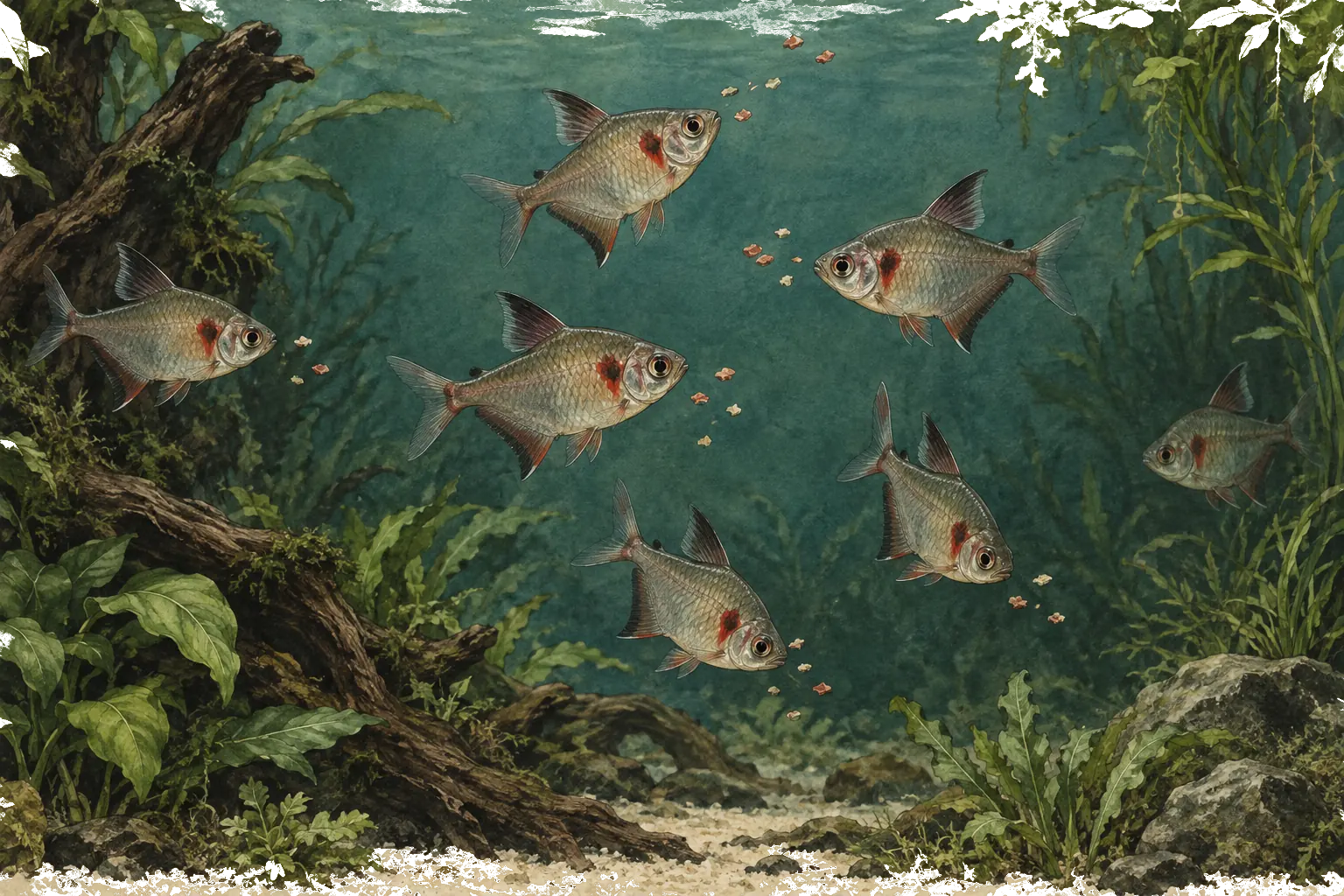 Illustrated bleeding heart tetra group feeding from several separated food releases in open midwater