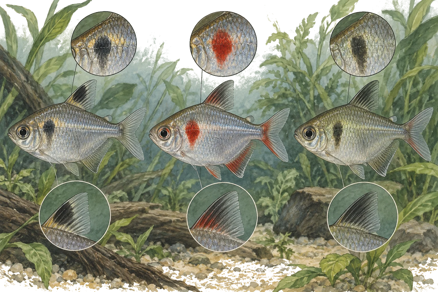 Illustrated comparison of red and dark shoulder marks and dorsal-fin profiles in three similar deep-bodied tetras