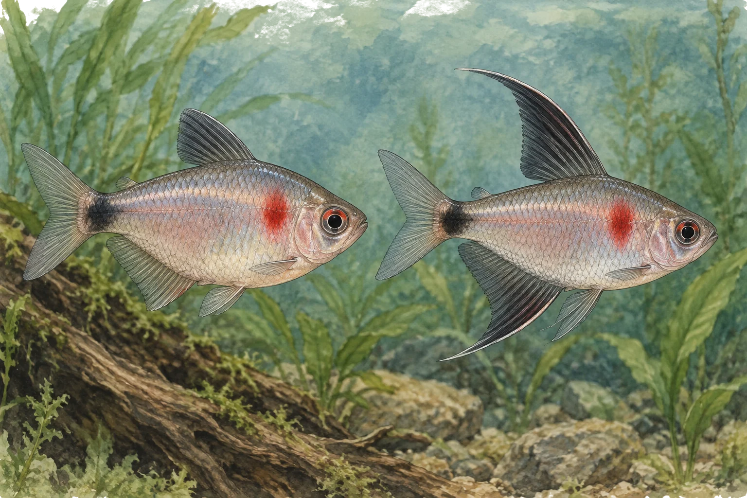 Illustrated typical female and male bleeding heart tetra fin profiles shown at the same scale
