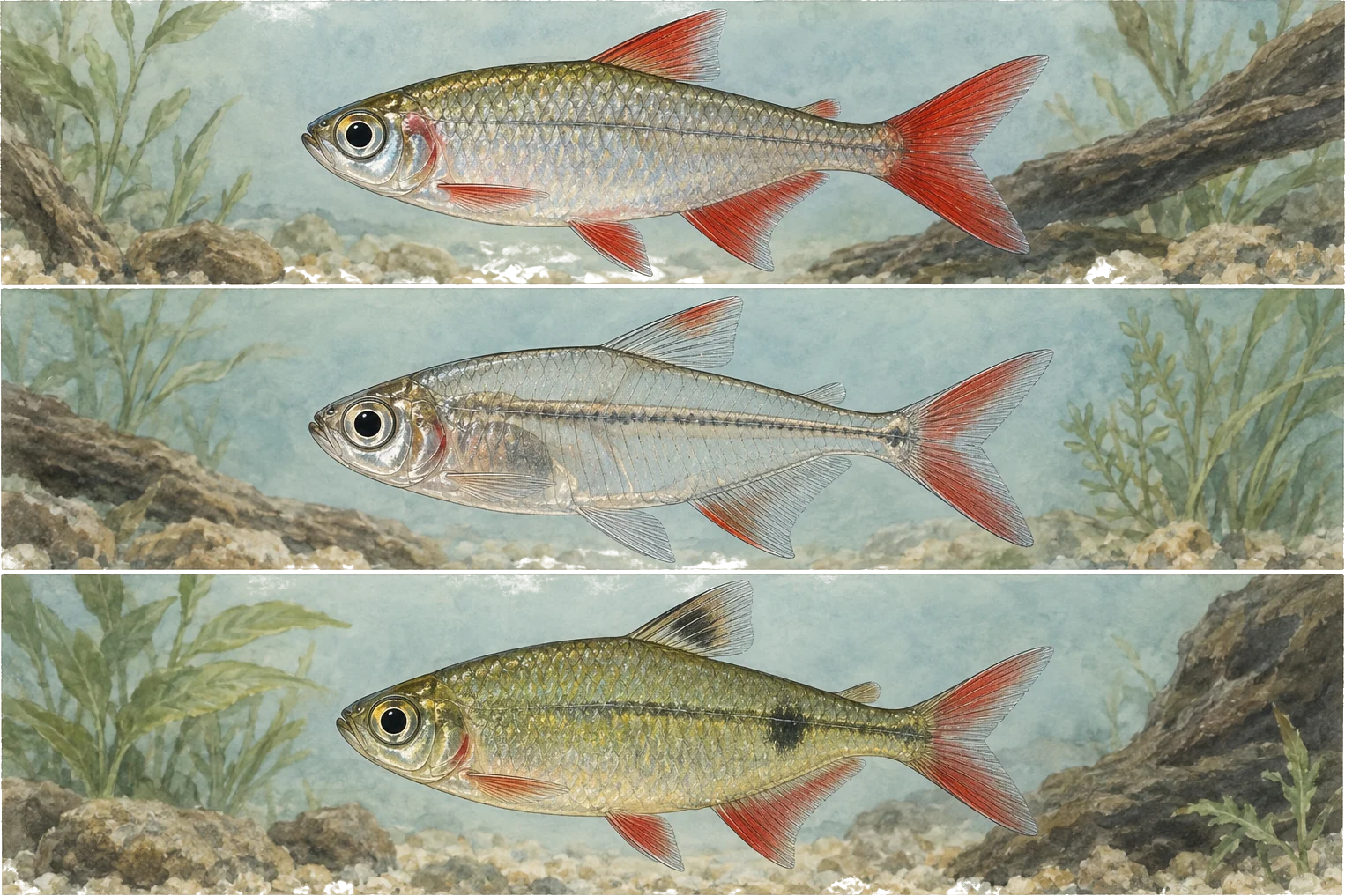 Illustrated side-profile comparison of a bloodfin tetra, glass bloodfin tetra and green fire tetra