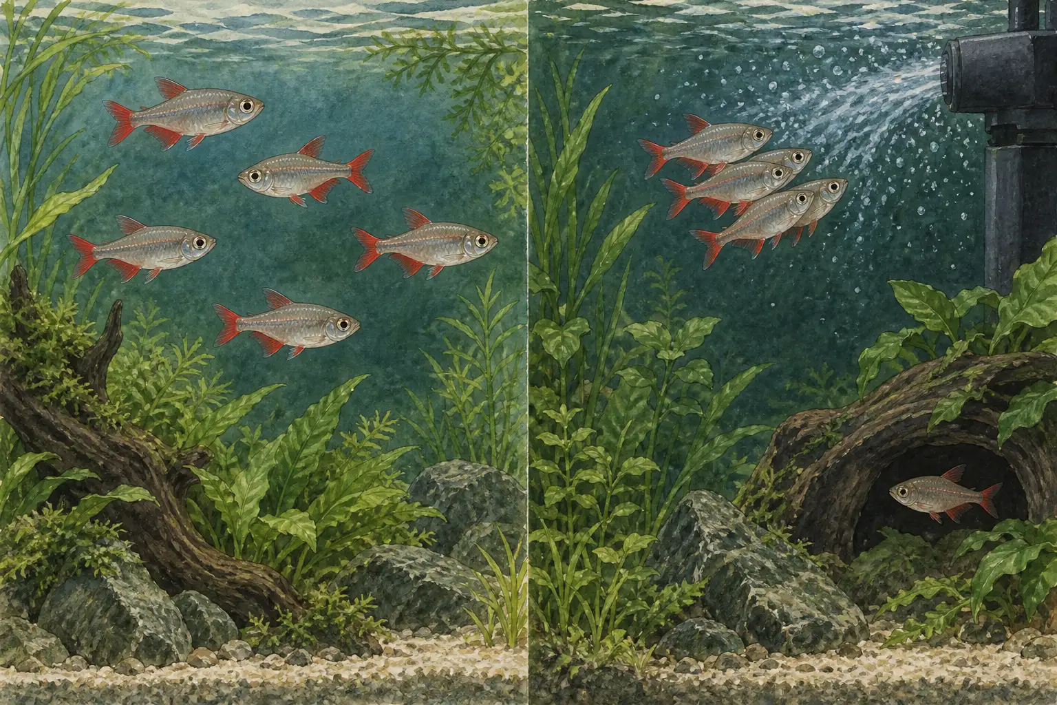Two-panel illustration comparing a loosely spaced bloodfin tetra shoal with fish compressed near a filter outlet and one isolated near cover