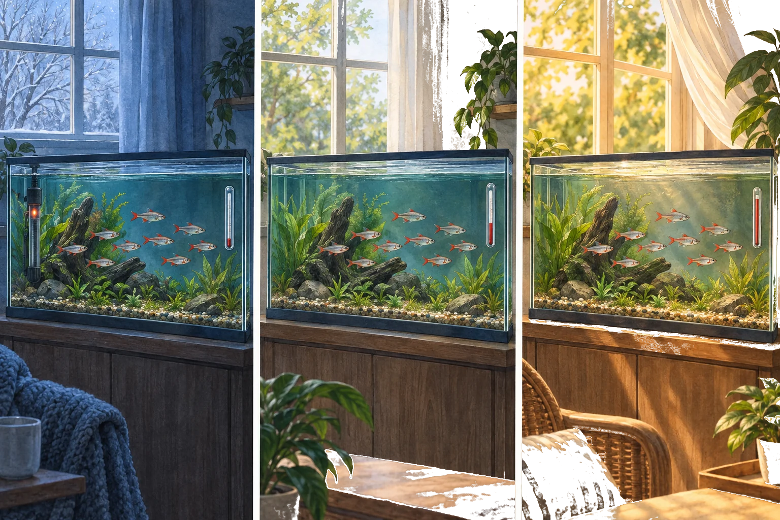 Illustrated seasonal triptych of the same bloodfin tetra aquarium in cool, mild and hot room conditions