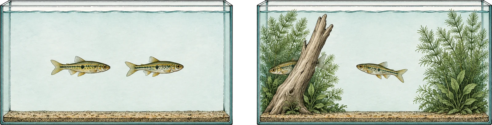 Two identical aquariums compared, the left bare with one fish directly behind another in open water, the right furnished with wood and planting at both ends where the leading fish has turned out of sight behind the wood
