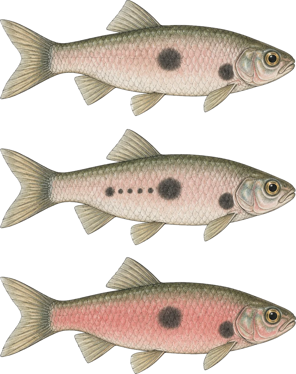 Three clown rasboras drawn one above another, the first with two separate dark flank blotches, the second with a row of small dots joining them, the third with the same two blotches on a deeper red body