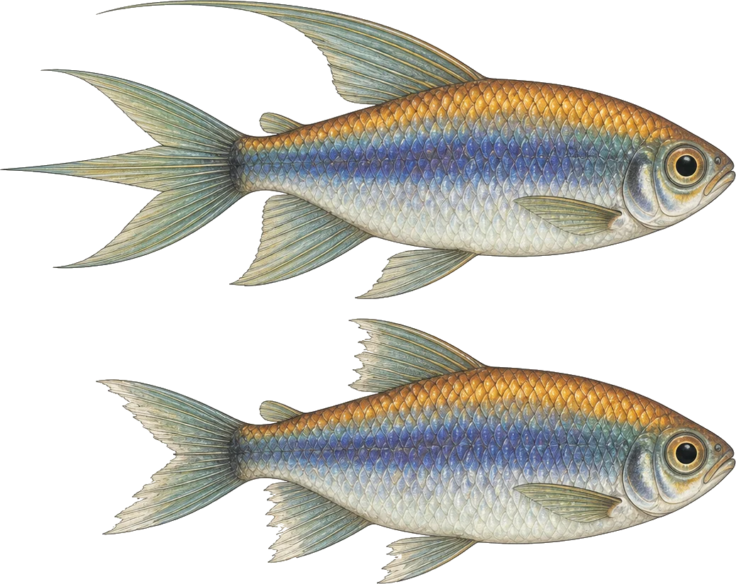 Two identical adult male congo tetras drawn one above the other, the upper with a long clean trailing dorsal fin and a three-lobed tail, the lower with the same fins shortened and ragged and the central tail lobe missing