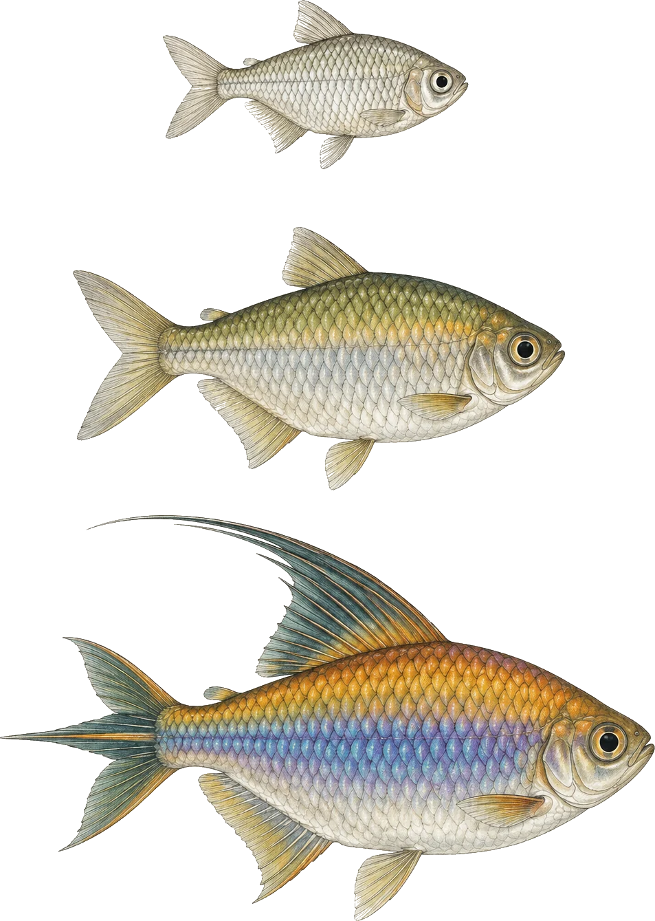 Three congo tetras drawn one above another to a shared scale, a small plain silver juvenile at the top, a mid-sized modestly coloured female below it, and a large adult male at the bottom with a long trailing dorsal fin and a three-lobed tail