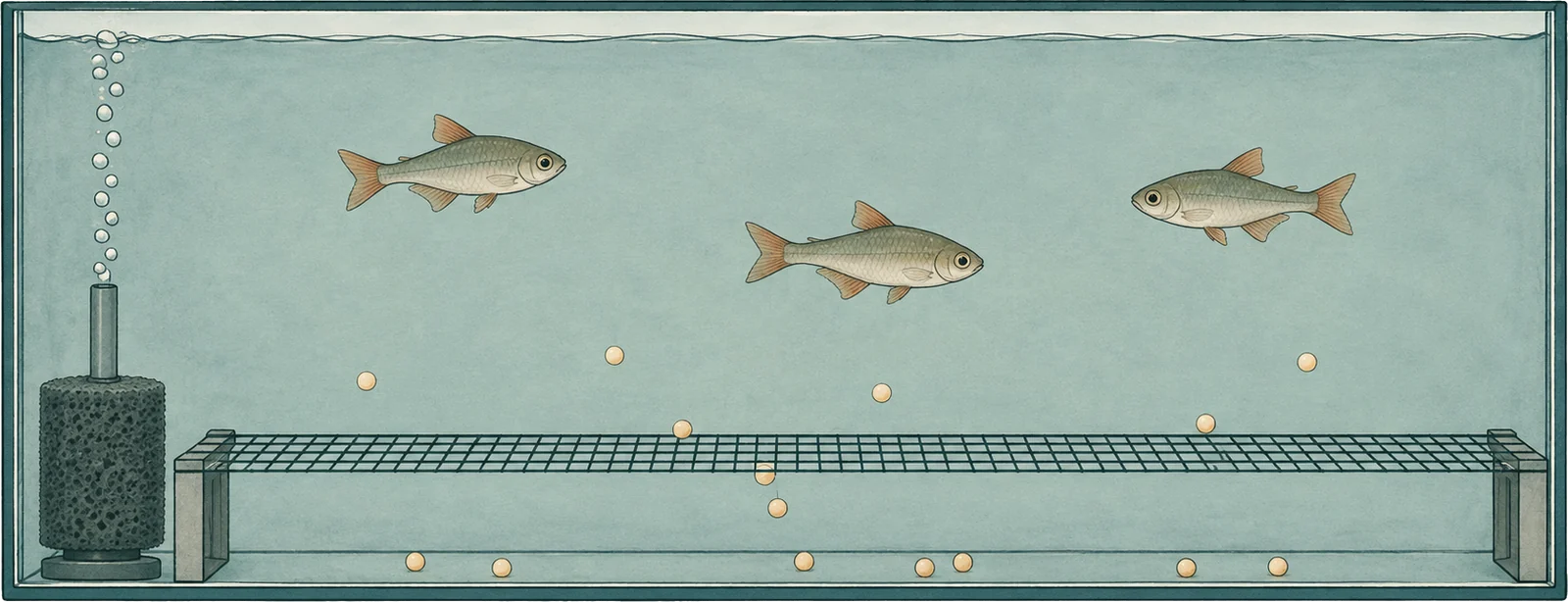 Cross-section of a bare spawning tank with a mesh screen raised above the base on supports, eggs falling through the mesh into the gap below out of reach of the fish above, and a sponge filter with rising bubbles at one end