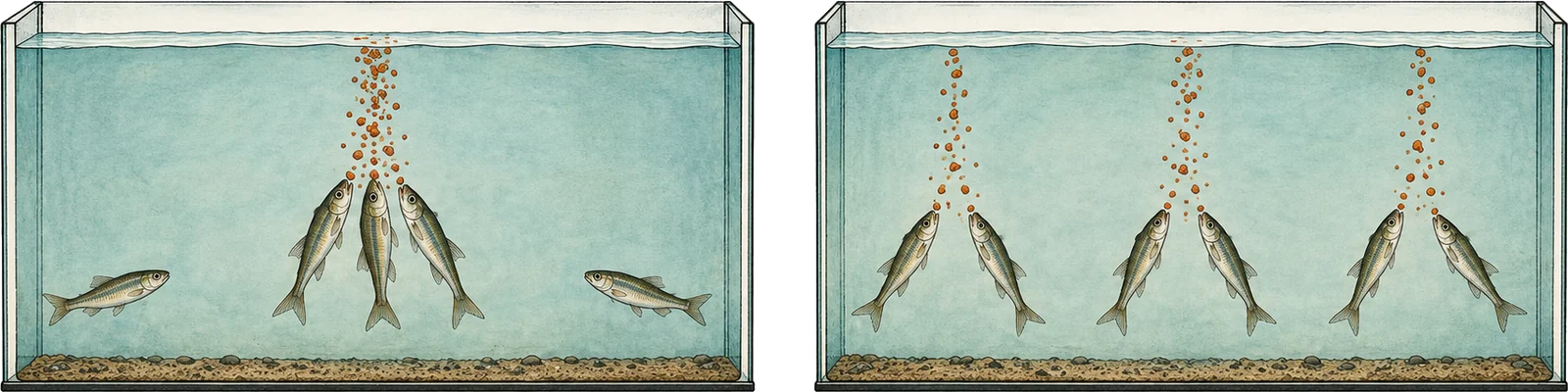 Diagram of two identical aquariums, one with food falling at a single point and the quickest fish crowded under it while others are stranded at the ends, the other with food falling at three points and the fish spread evenly beneath them