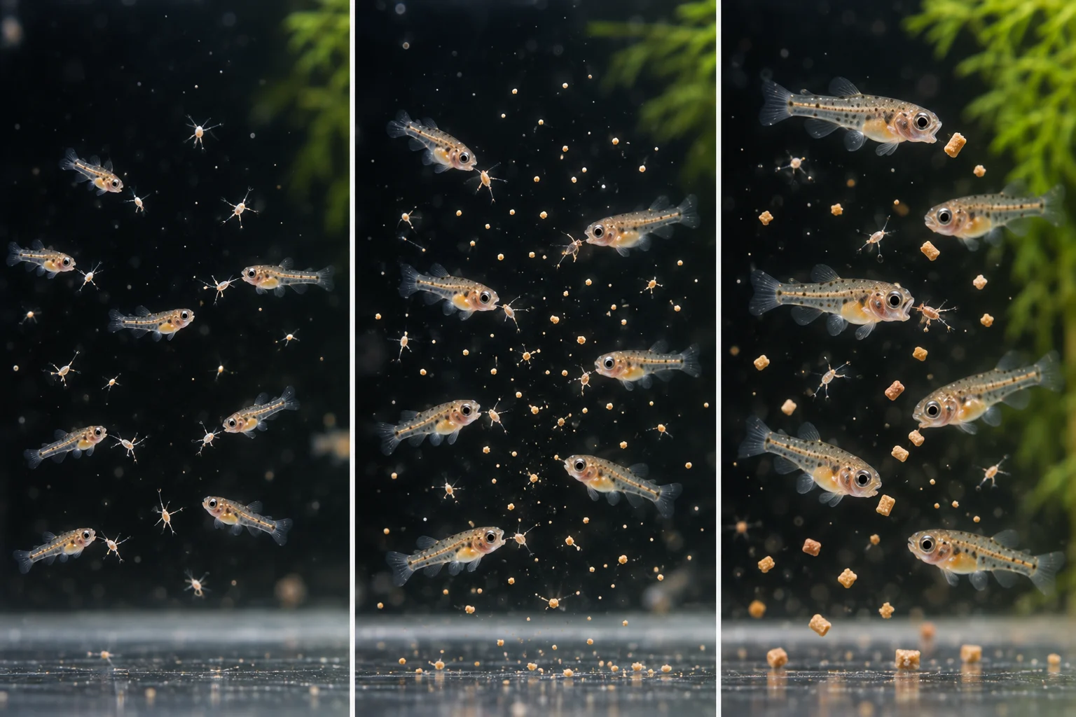 Three feeding stages showing fish fry moving from live prey through co-feeding to larger prepared particles