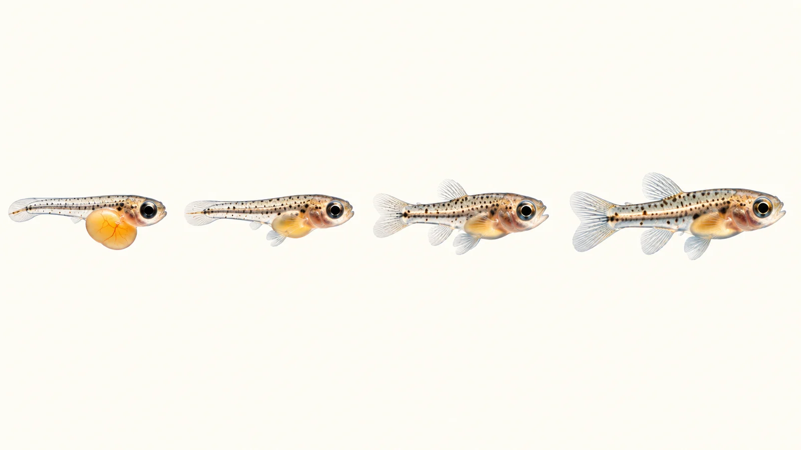 Four developmental stages from a yolk-sac larva to a free-swimming fish fry