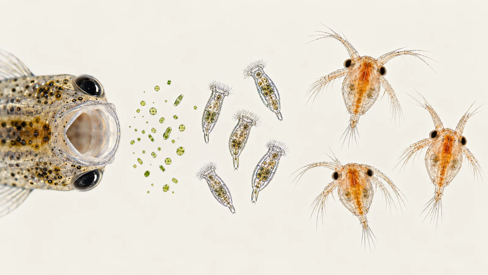 Magnified comparison of a fry mouth with microalgae, rotifer-sized food and brine shrimp nauplii