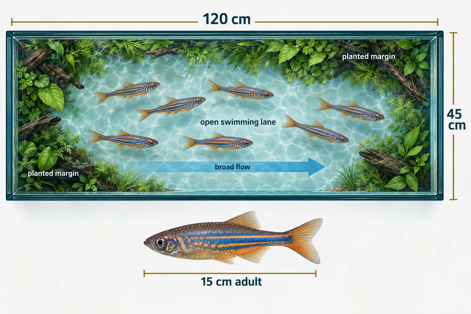 Top-down 120 by 45 centimetre giant danio aquarium plan with an open lane, planted margins, broad flow, and a 15 centimetre adult scale reference