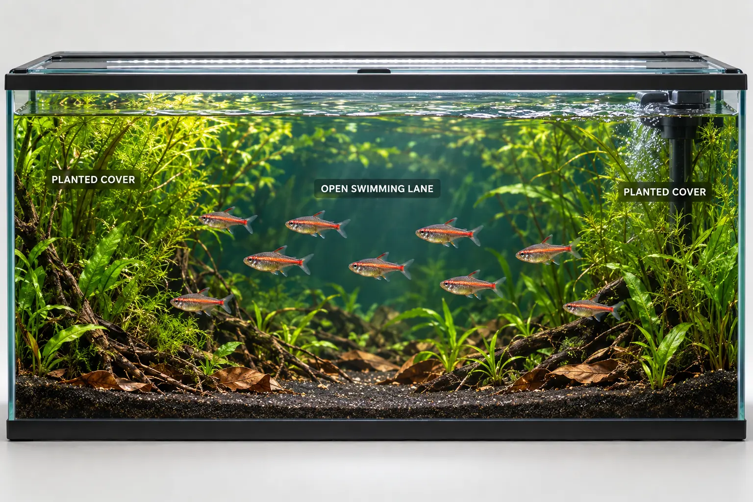 A full 60 cm rectangular glowlight tetra aquarium with planted cover at both ends, an open middle swimming lane, a fitted lid, and gentle surface movement