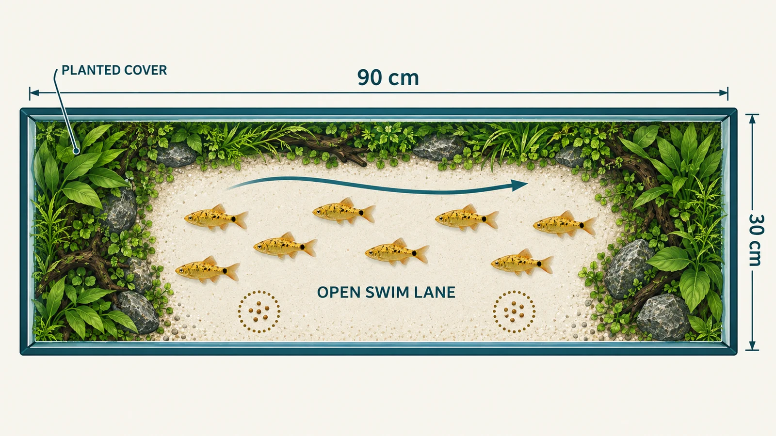 A top-down 90 by 30 centimetre gold barb tank plan with planted cover at the ends, an open central swimming lane, gentle lengthwise flow, and two feeding zones