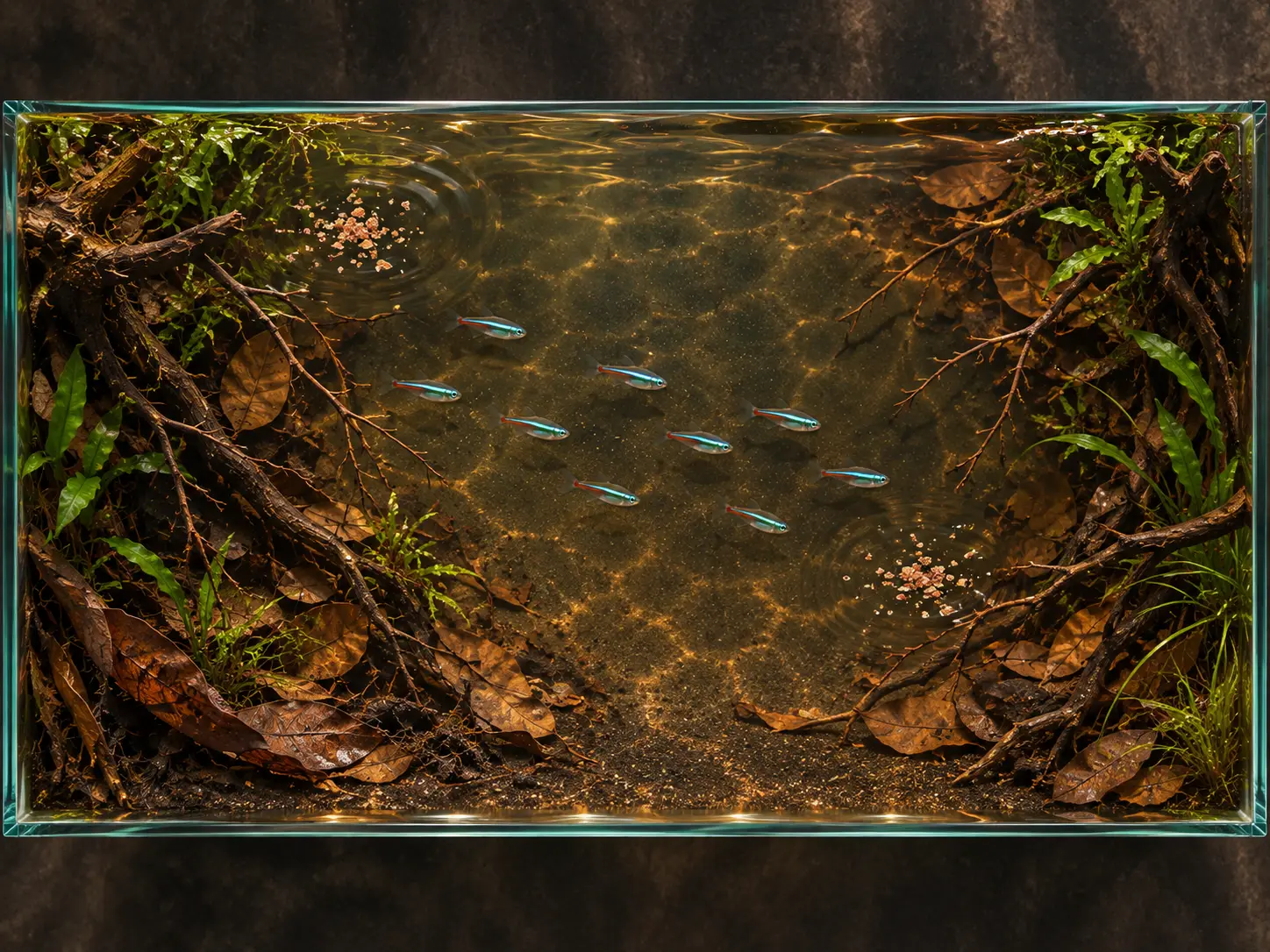 A top-down 60 by 30 centimetre green neon tetra tank plan with leaf-litter cover at both ends, an open central school lane, gentle lengthwise flow, and two feeding zones