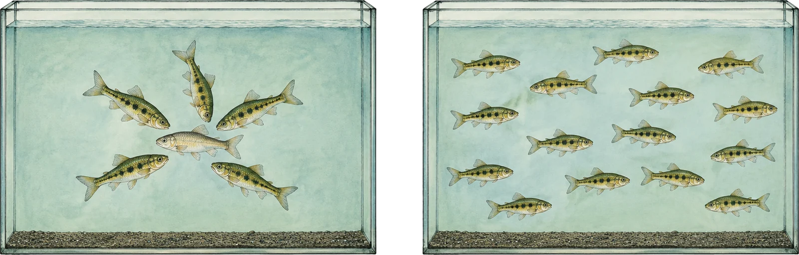 Two identical aquariums compared, the left holding six spotted fish with five converging on a single pale individual, the right holding sixteen of the same fish spread evenly with none converging