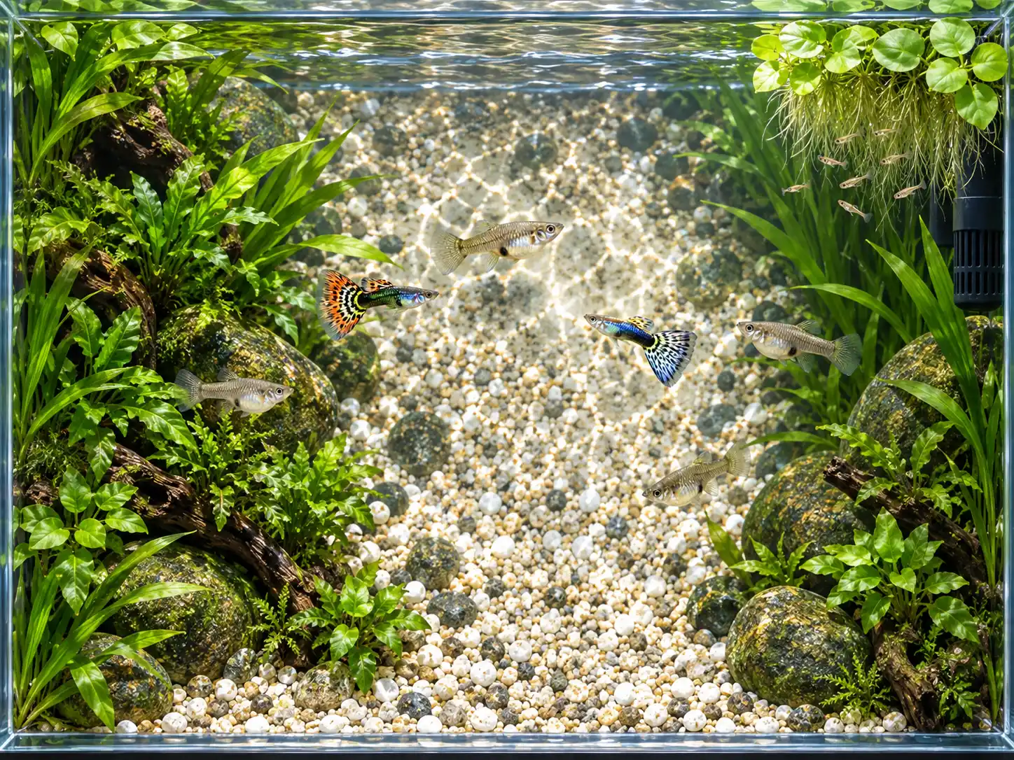 A top-down 75 by 30 centimetre guppy tank plan with an open feeding lane, planted female retreats, a protected filter intake, and a separate fry nursery zone
